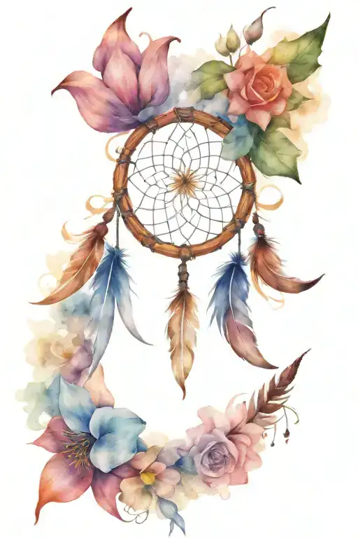 Columbine flowers, dream catcher, with 2 names incorporated into the design tattoo design idea