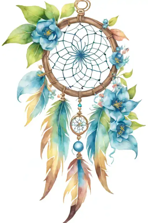 Dreamcatcher with 2 feathers incorporated into columbine flowers  tattoo design idea