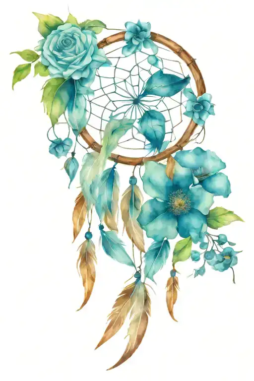 Dreamcatcher with 2 feathers incorporated into columbine flowers  tattoo design idea