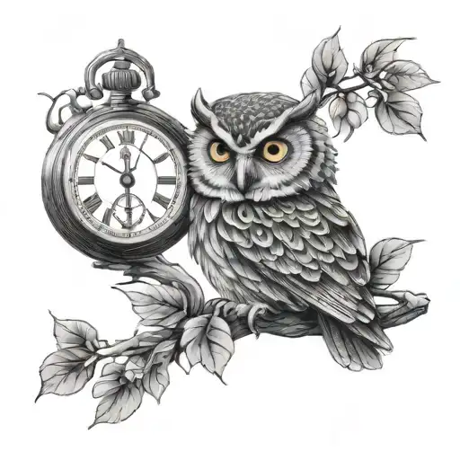 A wise owl perched on a branch with a vintage pocket watch in its talons tattoo design idea