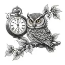 A wise owl perched on a branch with a vintage pocket watch in its talons tattoo design idea
