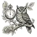 A wise owl perched on a branch with a vintage pocket watch in its talons tattoo design idea