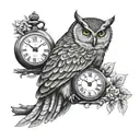 A wise owl perched on a branch with a vintage pocket watch in its talons tattoo design idea