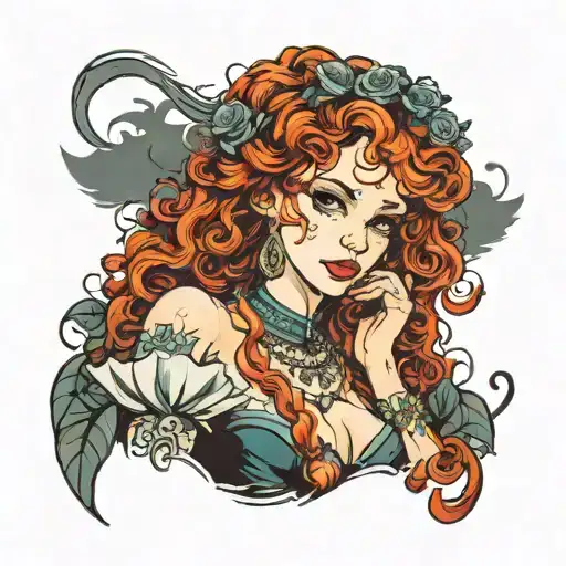 girl with curly red hair in princely clothes tattoo design idea