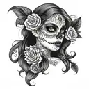 Design a Day of the Dead girl with intricate lace patterns on her face tattoo design idea