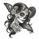 Design a Day of the Dead girl with intricate lace patterns on her face tattoo design idea