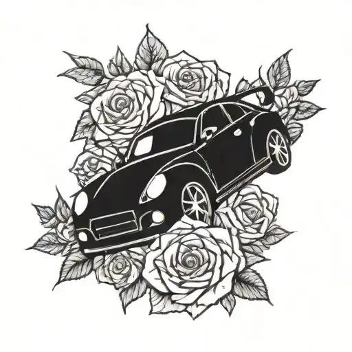 a car turbo surrounded by roses  tattoo design idea