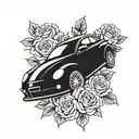 a car turbo surrounded by roses  tattoo design idea