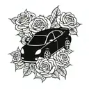 a car turbo surrounded by roses  tattoo design idea