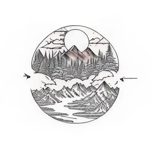 Tattoo sleeve for left arm inspired by Northern mythology. Top half image of mountains, a river and the Yggdrasil tree.  tattoo design idea