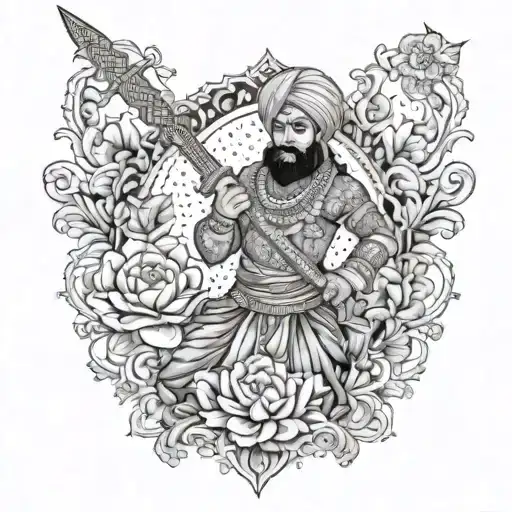 A Punjabi warrior wielding a traditional sword, surrounded by bold floral patterns, representing courage and beauty tattoo design idea