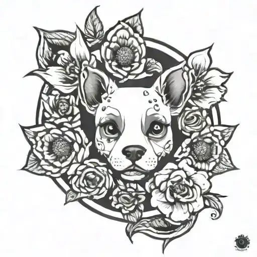 portal, cute dog head holding a flower blooming tattoo design idea