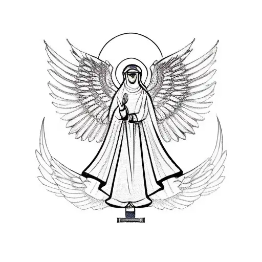 A new-school design of an orthodox icon of the Annunciation with Arabic calligraphy forming the wings of the angel tattoo design idea