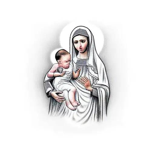 A realistic tattoo of the Virgin Mary holding the baby Jesus with Arabic calligraphy in the background tattoo design idea