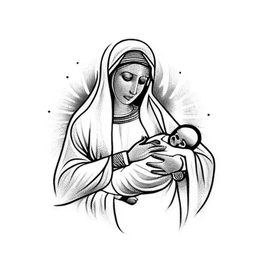 A realistic tattoo of the Virgin Mary holding the baby Jesus with Arabic calligraphy in the background tattoo design idea