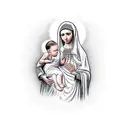 A realistic tattoo of the Virgin Mary holding the baby Jesus with Arabic calligraphy in the background tattoo design idea