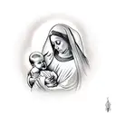 A realistic tattoo of the Virgin Mary holding the baby Jesus with Arabic calligraphy in the background tattoo design idea