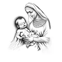 A realistic tattoo of the Virgin Mary holding the baby Jesus with Arabic calligraphy in the background tattoo design idea