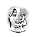 A realistic tattoo of the Virgin Mary holding the baby Jesus with Arabic calligraphy in the background tattoo design idea