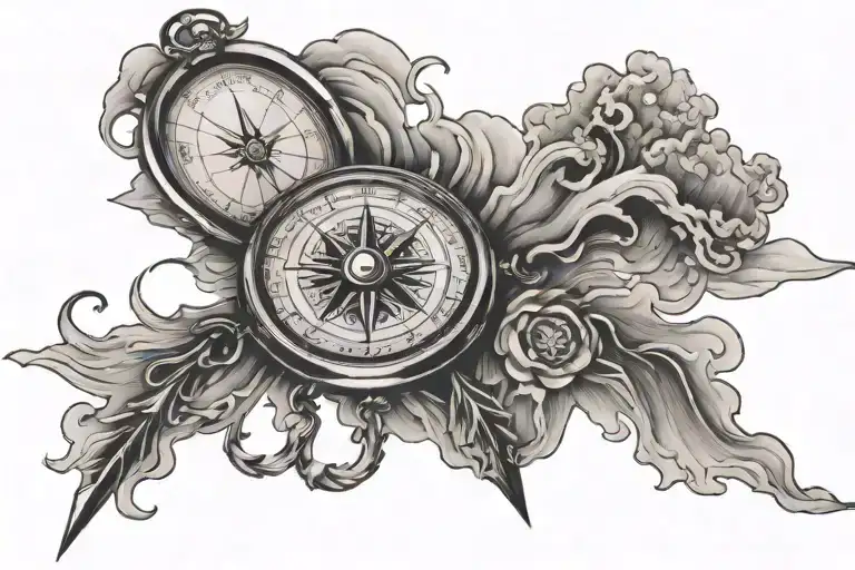 compass surrounded by storm cloud background tattoo design idea