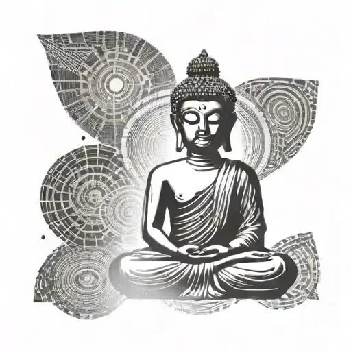 Buddha silhouette surrounded by binary code representing the balance between technology and spirituality tattoo design idea