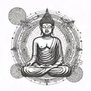 Buddha silhouette surrounded by binary code representing the balance between technology and spirituality tattoo design idea