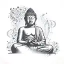 Buddha silhouette surrounded by binary code representing the balance between technology and spirituality tattoo design idea