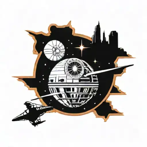 star wars trench run death star silhouette surrounded tattoo design idea
