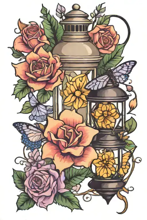 lantern, amethyst crystal, honeysuckle flower, moonstone, moth tattoo design idea