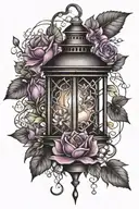 lantern, amethyst, moonstone, honeysuckle flowers tattoo design idea