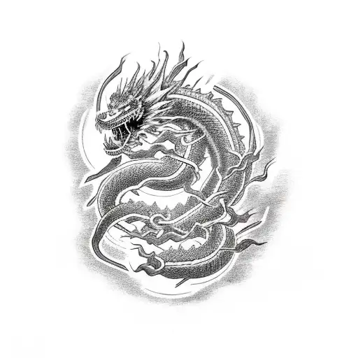 black dragon coiled around bolts of vibrant red lightning tattoo design idea