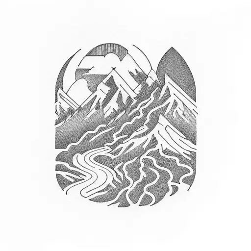 A majestic mountain range with a winding path leading to a hidden waterfall tattoo design idea