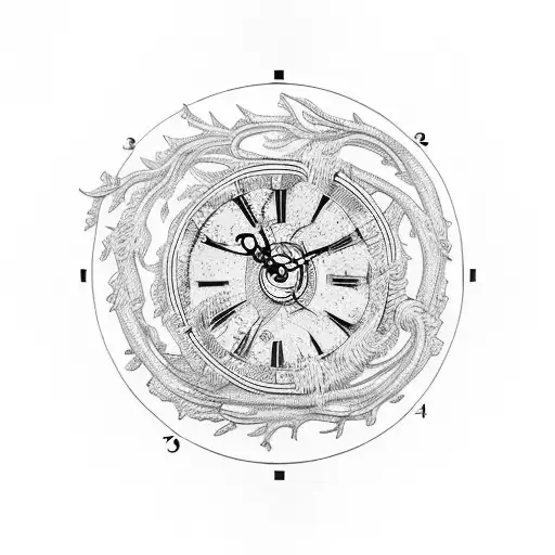A historical timeline depicted as a winding tree trunk with clock hands as branches tattoo design idea