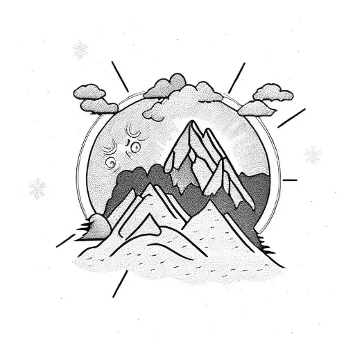 A detailed blackwork tattoo of a majestic snow-covered mountain range with a shining sun peeking through the clouds tattoo design idea