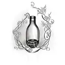 A sketch-style tattoo of a vintage wine bottle and glass surrounded by swirling vines and grapes tattoo design idea