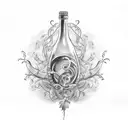 A sketch-style tattoo of a vintage wine bottle and glass surrounded by swirling vines and grapes tattoo design idea