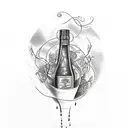 A sketch-style tattoo of a vintage wine bottle and glass surrounded by swirling vines and grapes tattoo design idea