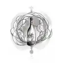 A sketch-style tattoo of a vintage wine bottle and glass surrounded by swirling vines and grapes tattoo design idea