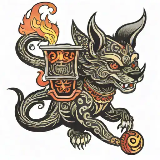 Tiki Torch with a pointy eared dog as the flame. tattoo design idea