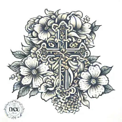 small simple cross with flowers wrapped around it and date in Roman numerals of 05/17/2022 tattoo design idea