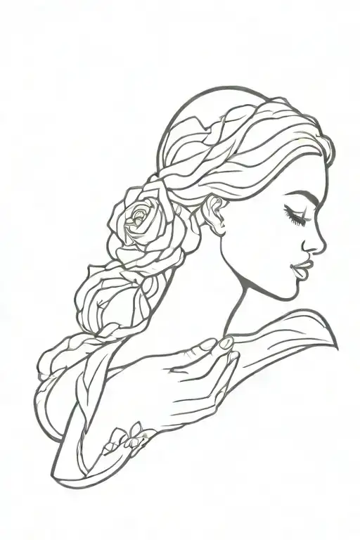 breastfeeding baby girl side profile with rose and name Ashtyn tattoo design idea