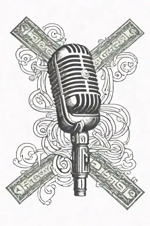 A detailed blackwork tattoo of a microphone intertwined with a money symbol, representing the client's love for music and success in business tattoo design idea