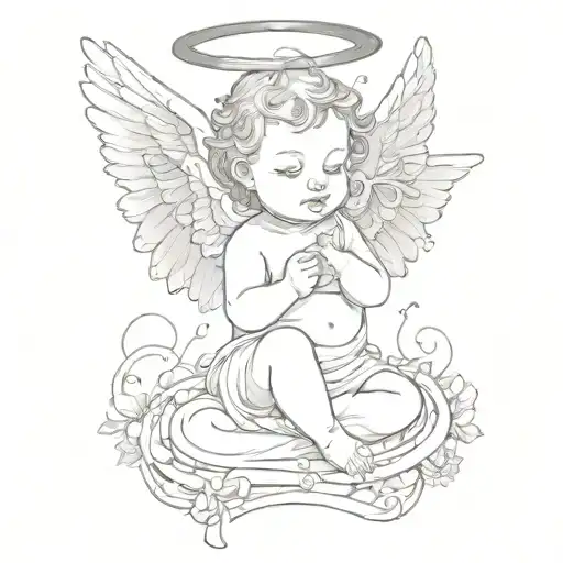 Baby Angel with wings and a horn with lyrics, "Try not to abuse your power" and have music notes around the lyrics  tattoo design idea