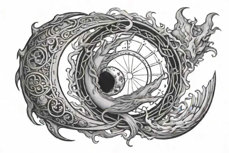 ouroboros and the moon, the four elements, travel, and the divine feminine tattoo design idea