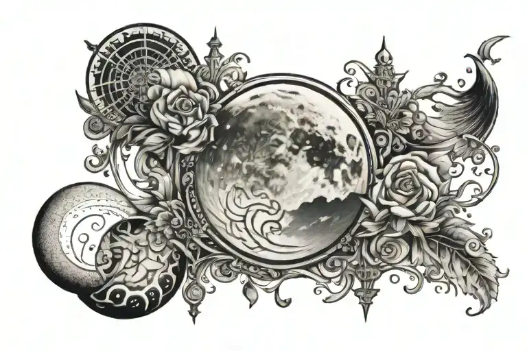 the moon, the four elements, travel, and the divine feminine tattoo design idea