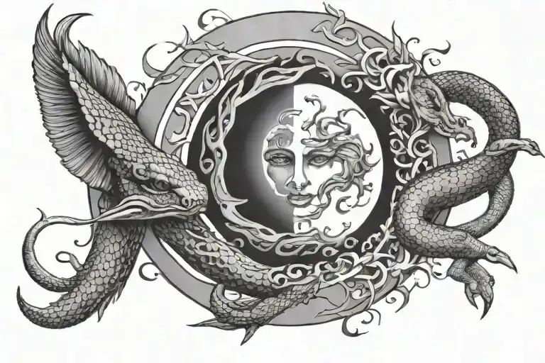 ouroboros and the moon, Snakes, the four elements, travel, and the divine feminine tattoo design idea