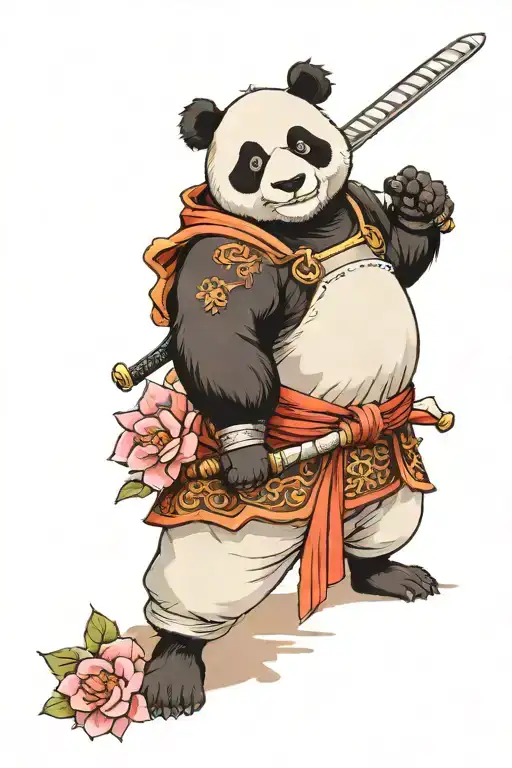 panda samurai full length holding a sword on the background of sakura tattoo design idea