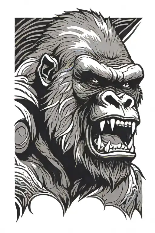 Portrait of raging gorilla with mouth fully open. Gaizing angry. Thin lines. Black and grey. Tribal style tattoo design idea