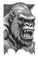 Portrait of raging gorilla with mouth fully open. Gaizing angry. Thin lines. Black and grey. Tribal style tattoo design idea