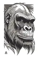 Portrait of raging gorilla with mouth fully open. Gaizing angry. Thin lines. Black and grey. Tribal style tattoo design idea